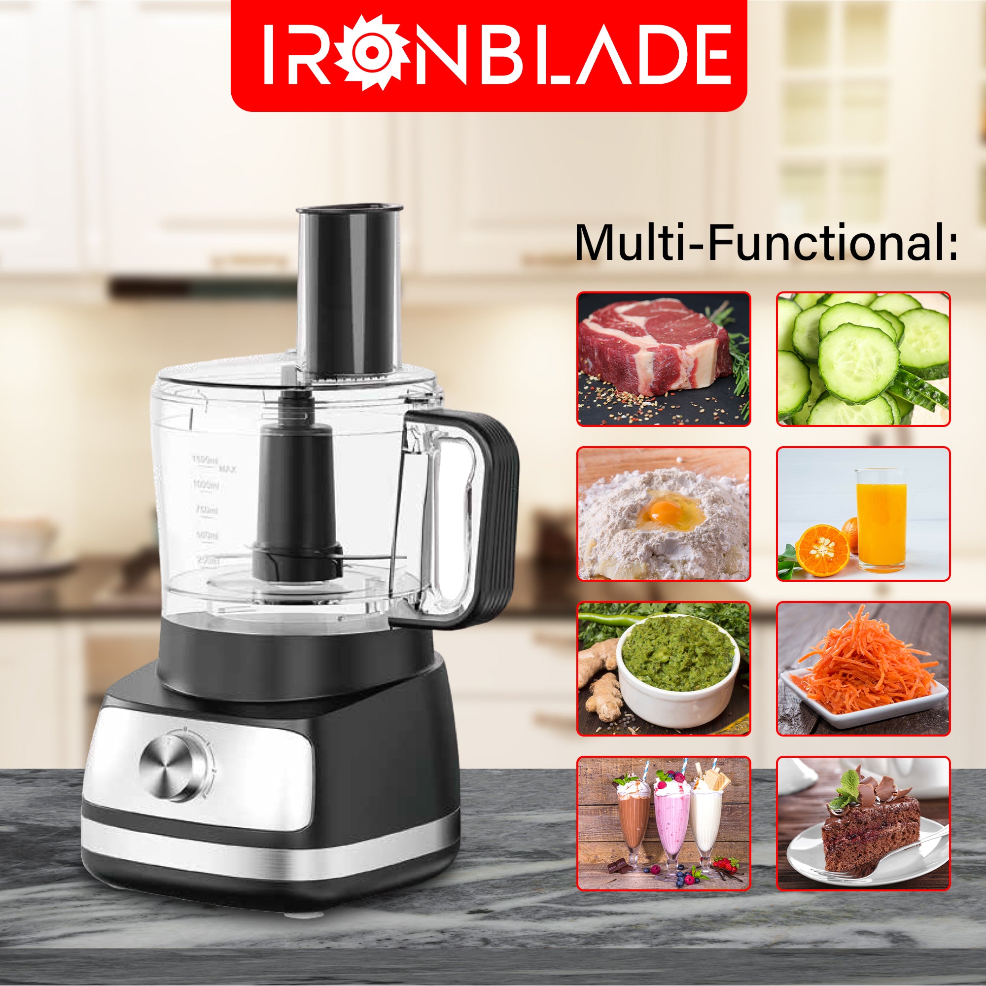 IronBlade Multi-Functional 5-in-1 Food Processor, 1.5L Bowl, 4-Speed Control, Slicing, Shredding, Chopping, and Kneading IronBlade Multi-Functional 5-in-1 Food Processor, 1.5L Bowl, 4-Speed Control, Slicing, Shredding, Chopping, and Kneading